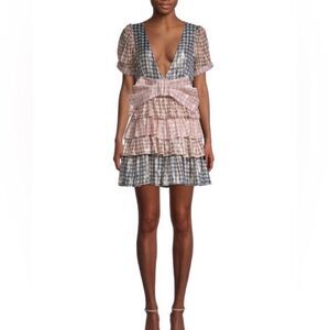LoveShackfancy Metallic Lucinda Silk Tiered Gingham Bow Mini Dress